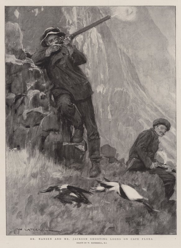 Dr Nansen och Mr Jackson skjuter lommar på Cape Flora av William Hatherell
