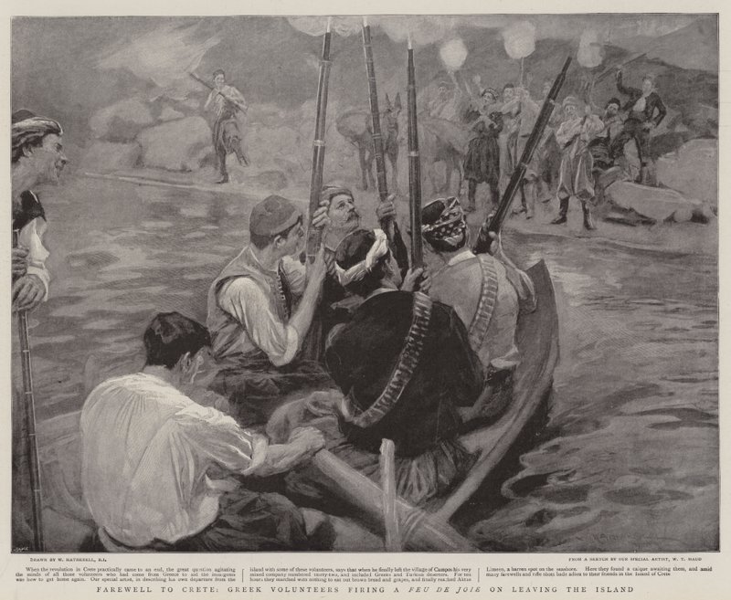 Farväl till Kreta, grekiska frivilliga skjuter en Feu de Joie när de lämnar ön. av William Hatherell