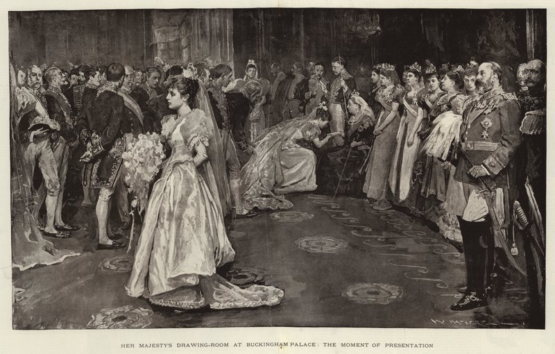 Hennes Majestäts salong i Buckingham Palace, presentationsögonblicket av William Hatherell