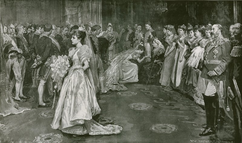 Hennes Majestäts sal i Buckingham Palace, presentationsögonblicket av William Hatherell