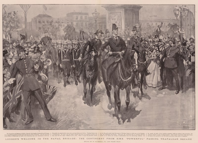 Londons Välkommen till Naval Brigade, kontingenten från HMS Powerful som passerar Trafalgar Square av William Hatherell