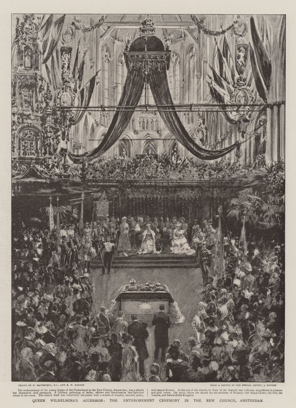 Drottning Wilhelminas tillträde, ceremonin på tronen i New Church, Amsterdam av William Hatherell
