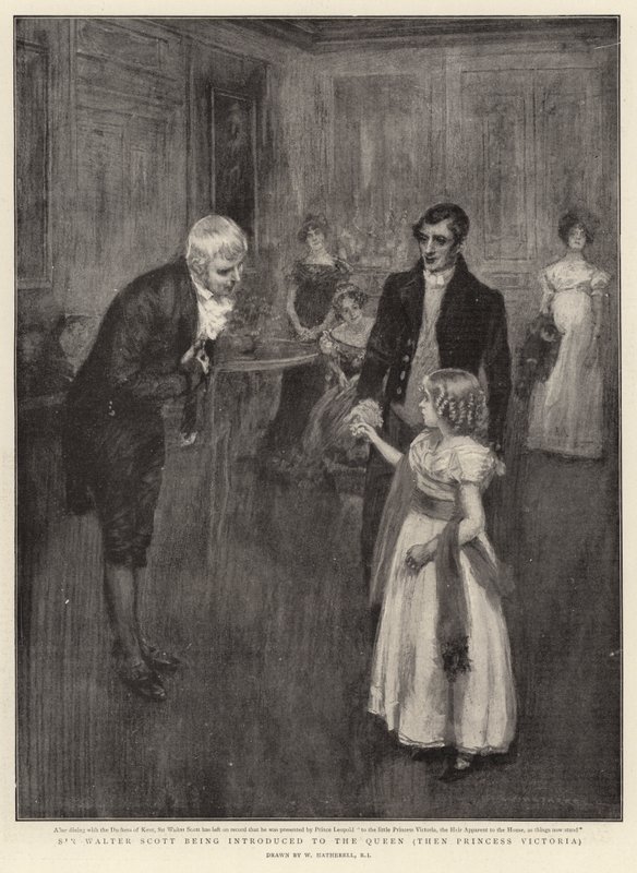 Sir Walter Scott presenteras för drottningen, då prinsessan Victoria. av William Hatherell