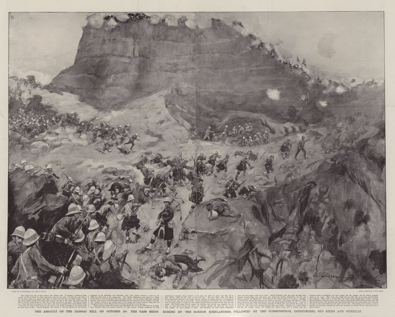 Anfallet på Dargai Hill den 20 oktober, passet stormades av Gordon Highlanders, följt av Dorsetshires, Derbyshires, 3rd Sikhs och Gurkhas. av William Hatherell