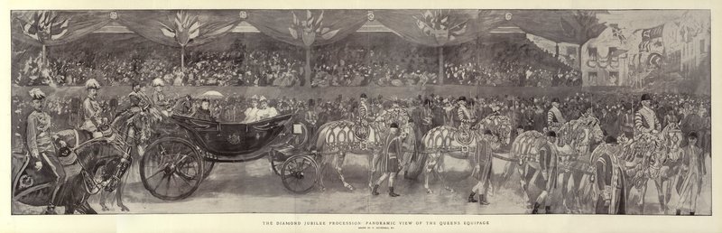 Diamond Jubilee Procession, panoramautsikt över Queens Equipage av William Hatherell