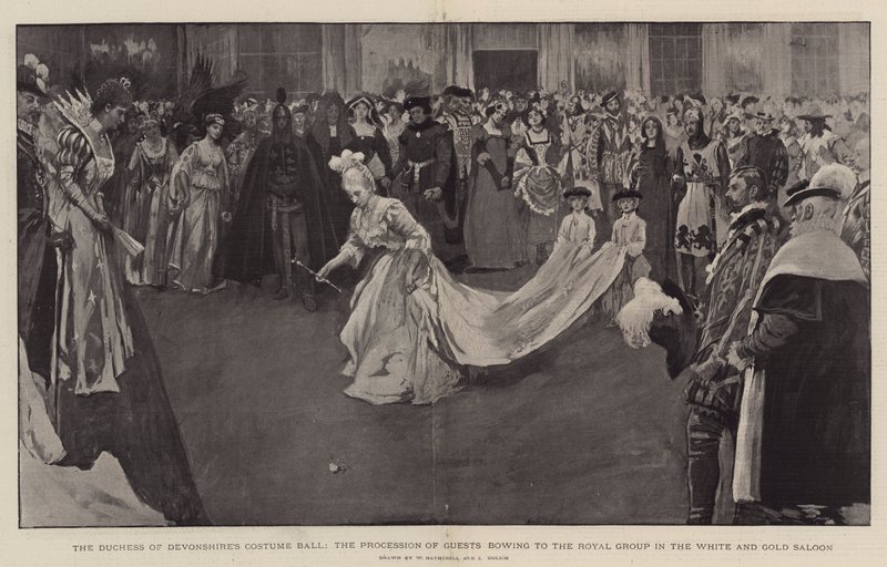 Hertiginnan av Devonshires kostymbal, processionen av gäster som bugar sig för den kungliga gruppen i den vit-gyllene salongen, 1897 av William Hatherell