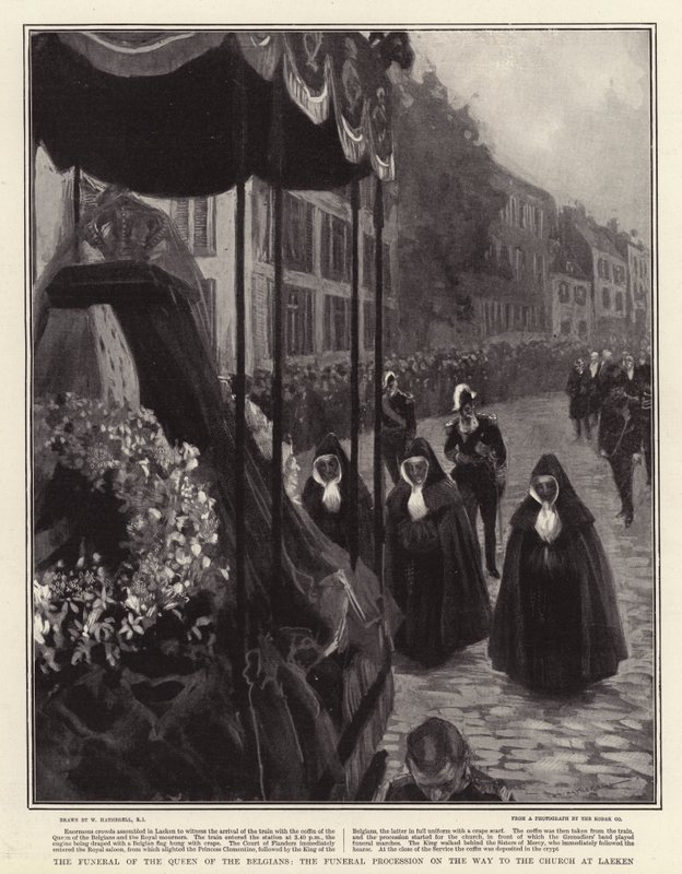 Begravningen av belgarnas drottning, begravningståget på väg till kyrkan i Laeken av William Hatherell