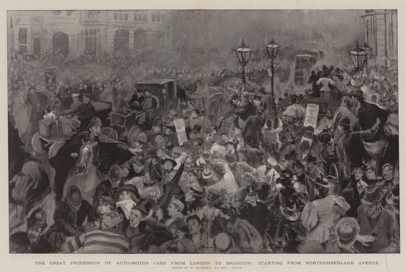Den stora processionen av auto-motorbilar från London till Brighton, med start från Northumberland Avenue av William Hatherell