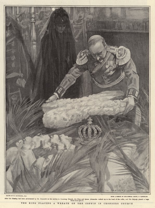 Kungen lägger en krans på kistan i Cronbergs kyrka av William Hatherell