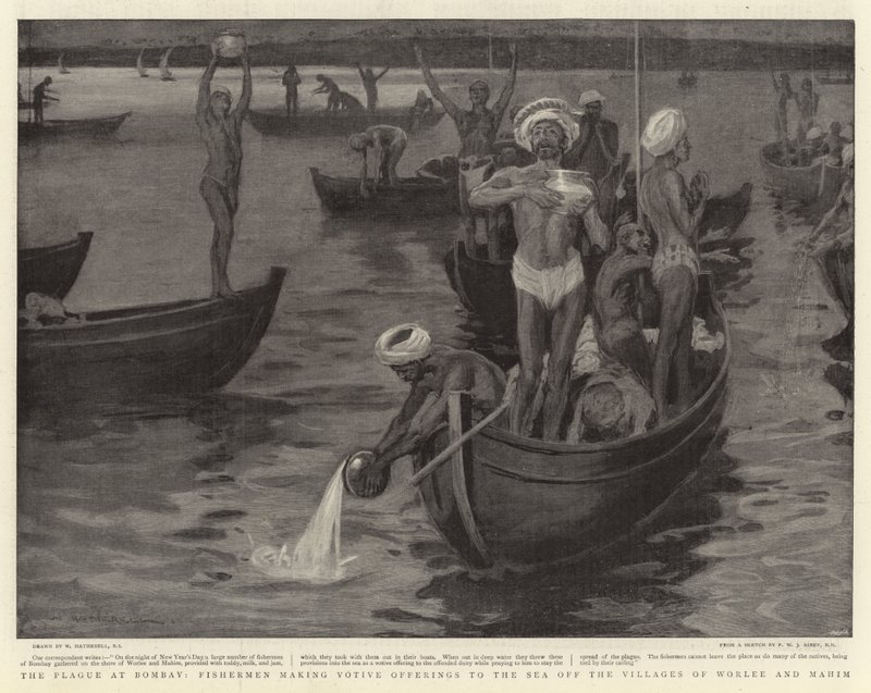 Pesten i Bombay, fiskare som ger votivgåvor till havet utanför byarna Worlee och Mahim. av William Hatherell