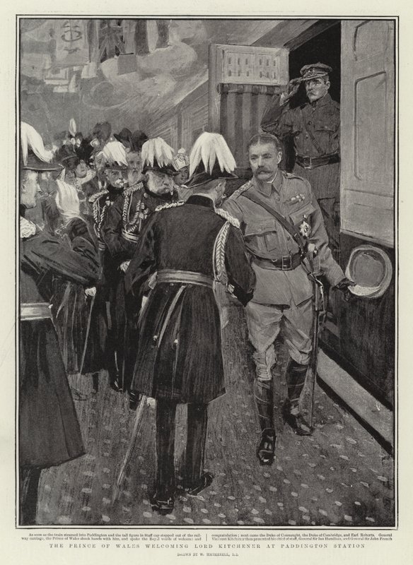 Prinsen av Wales välkomnar Lord Kitchener på Paddington Station av William Hatherell