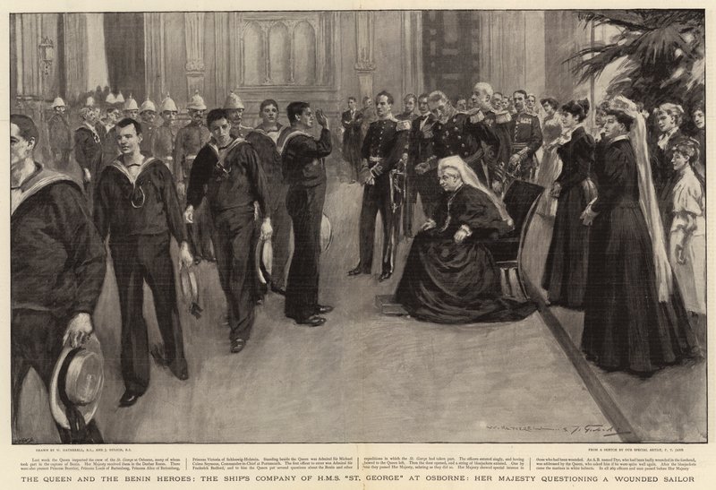 Drottningen och Benin-hjältarna, Skeppskompaniet på H M S St George i Osborne, Hennes Majestät frågar ut en sårad sjöman. av William Hatherell