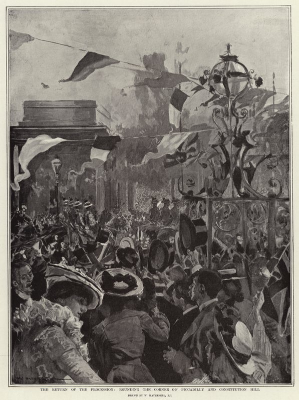 Processionens återkomst, runt hörnet av Piccadilly och Constitution Hill av William Hatherell