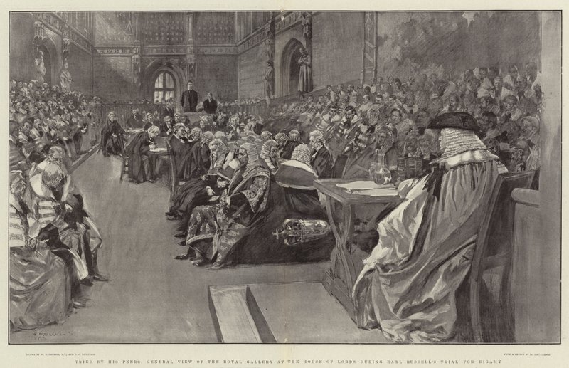 Prövad av hans jämnåriga, allmän utsikt över Royal Gallery i House of Lords under Earl Russells rättegång för Bigamy av William Hatherell