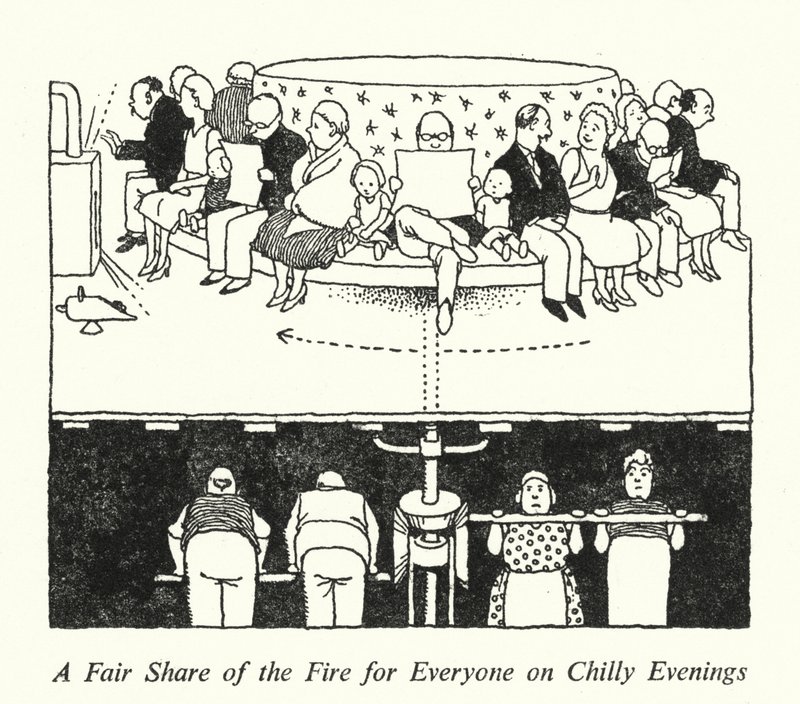 En rättvis del av elden för alla på kyliga kvällar (litho) av William Heath Robinson