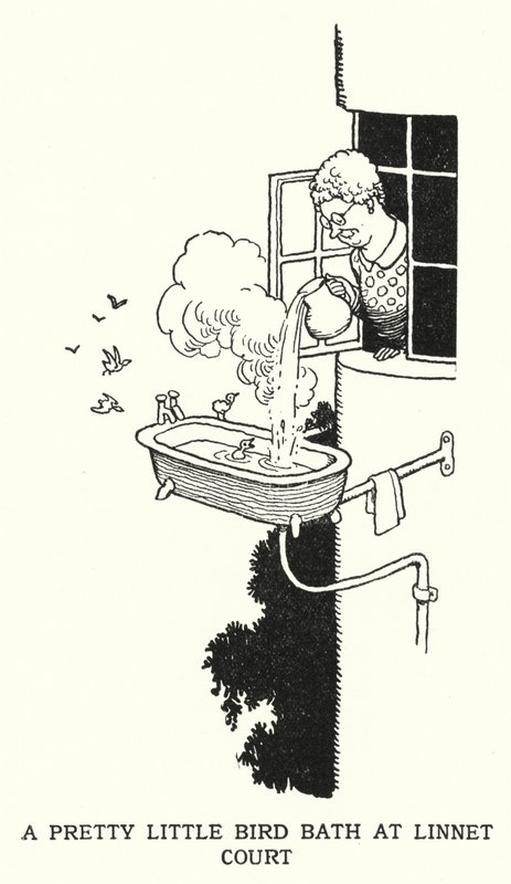 Ett vackert litet fågelbad vid Linnet Court (litho) av William Heath Robinson