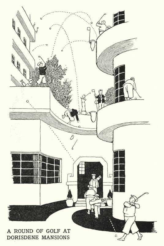 En golfrunda på Dorisdene Mansions (litho) av William Heath Robinson