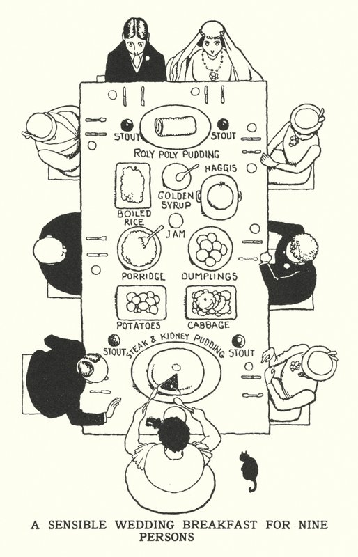 En vettig bröllopsfrukost för nio personer (litho) av William Heath Robinson