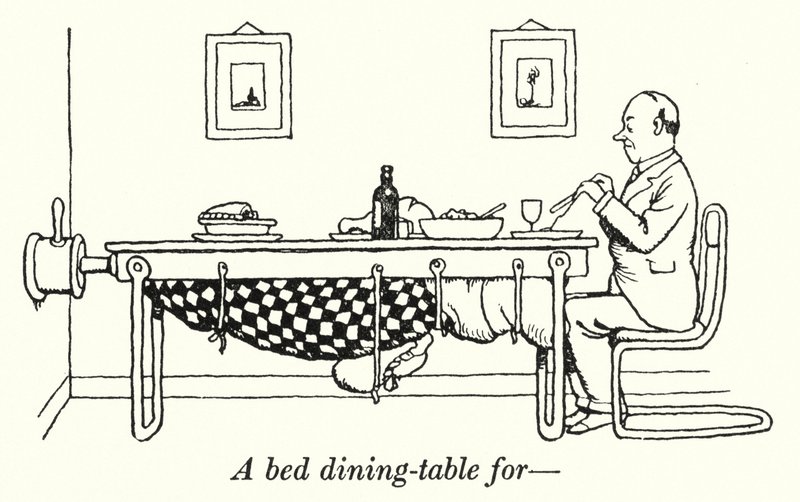 Ett sängmatbord för (litho) av William Heath Robinson