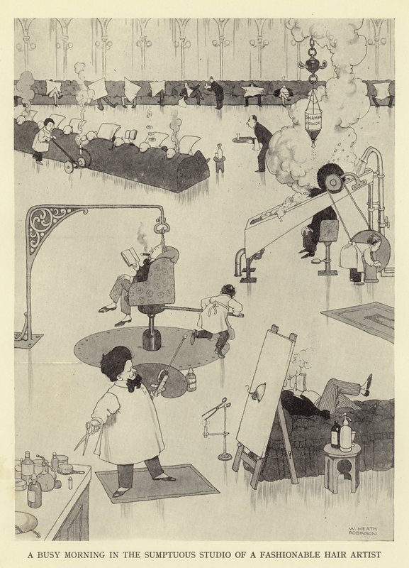 En hektisk morgon i en fashionabel hårkonstnärs överdådiga studio av William Heath Robinson
