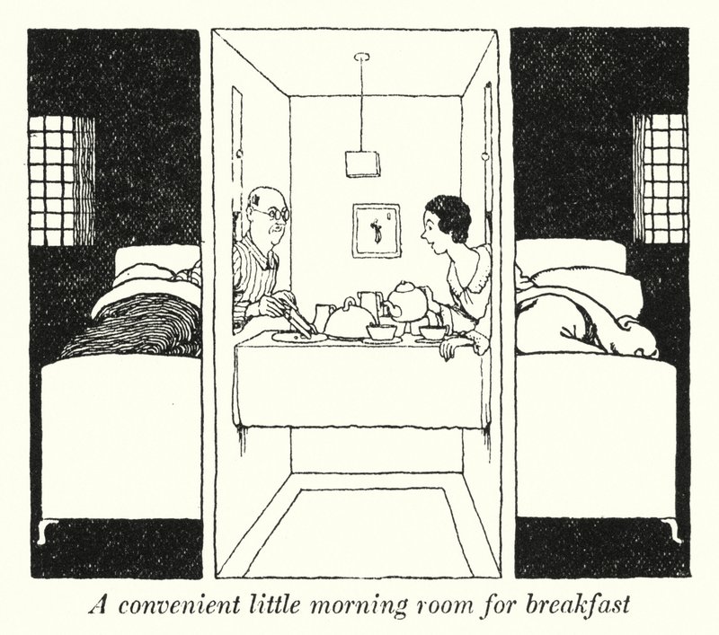 Ett bekvämt litet morgonrum för frukost (litho) av William Heath Robinson