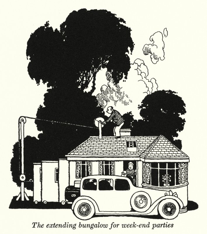 En utbyggd bungalow för helgfester (litho) av William Heath Robinson
