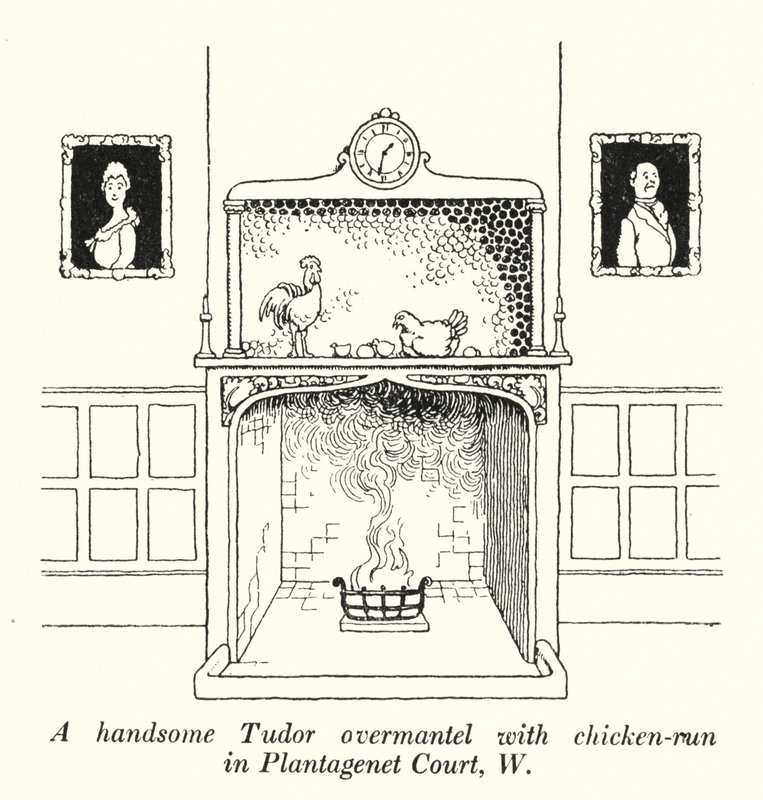En stilig tudormantel med kycklinggård i Plantagenet Court, W (litho) av William Heath Robinson