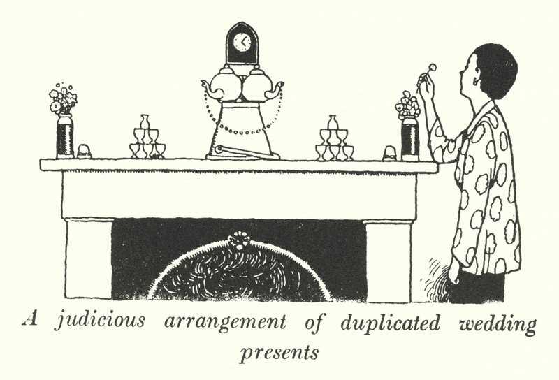 Ett klokt arrangemang av dubblerade bröllopspresenter (litho) av William Heath Robinson