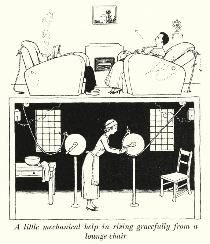Lite mekanisk hjälp för att graciöst resa sig från en fåtölj (litho) av William Heath Robinson