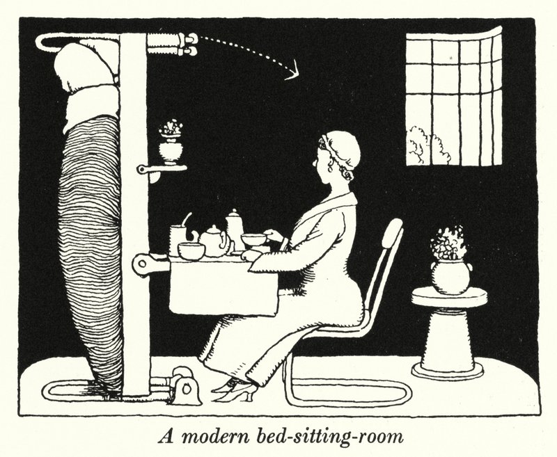 Ett modernt säng-vardagsrum (litho) av William Heath Robinson