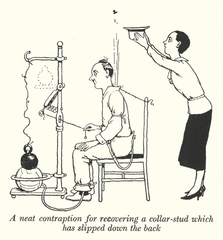 En snygg grej för att återställa en krage som har glidit ner på ryggen (litho) av William Heath Robinson