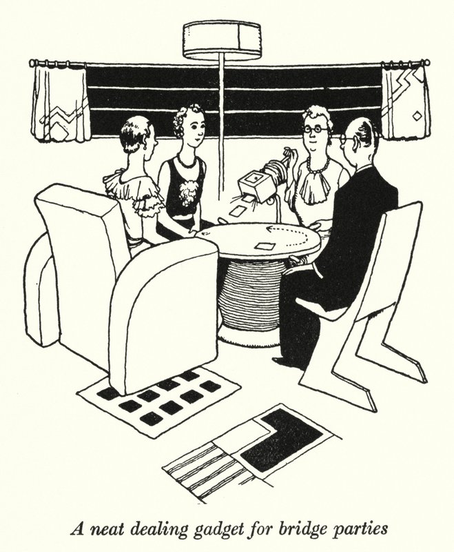 En snygg pryl för bridgefester (litho) av William Heath Robinson