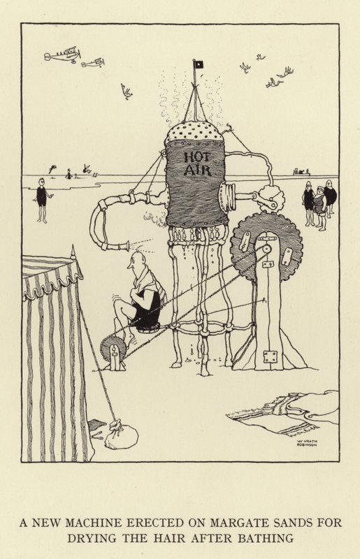 En ny maskin uppförd på Margate Sands för att torka håret efter badet. av William Heath Robinson