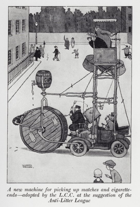 En ny maskin för att plocka upp tändstickor och cigarettändar antagen av LCC på förslag av Anti-Litter League (litho) av William Heath Robinson