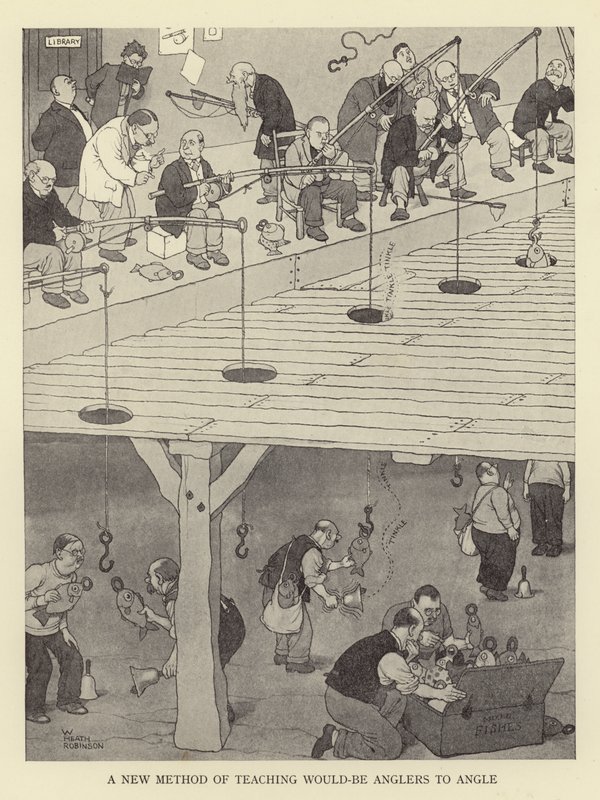 En ny metod för att lära blivande sportfiskare att meta av William Heath Robinson