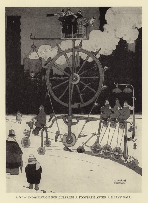 En ny snöplog för att röja en gångstig efter ett kraftigt fall av William Heath Robinson