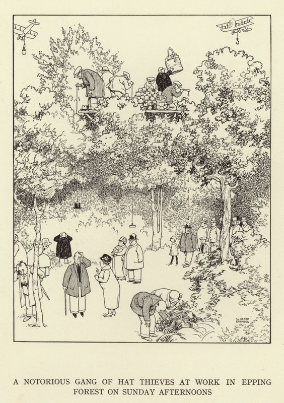 Ett ökänt gäng hatttjuvar på jobbet i Epping Forest på söndagseftermiddagar av William Heath Robinson