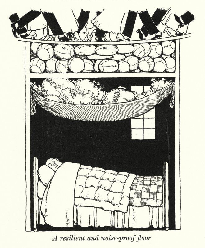Ett fjädrande och ljudsäkert golv (litho) av William Heath Robinson