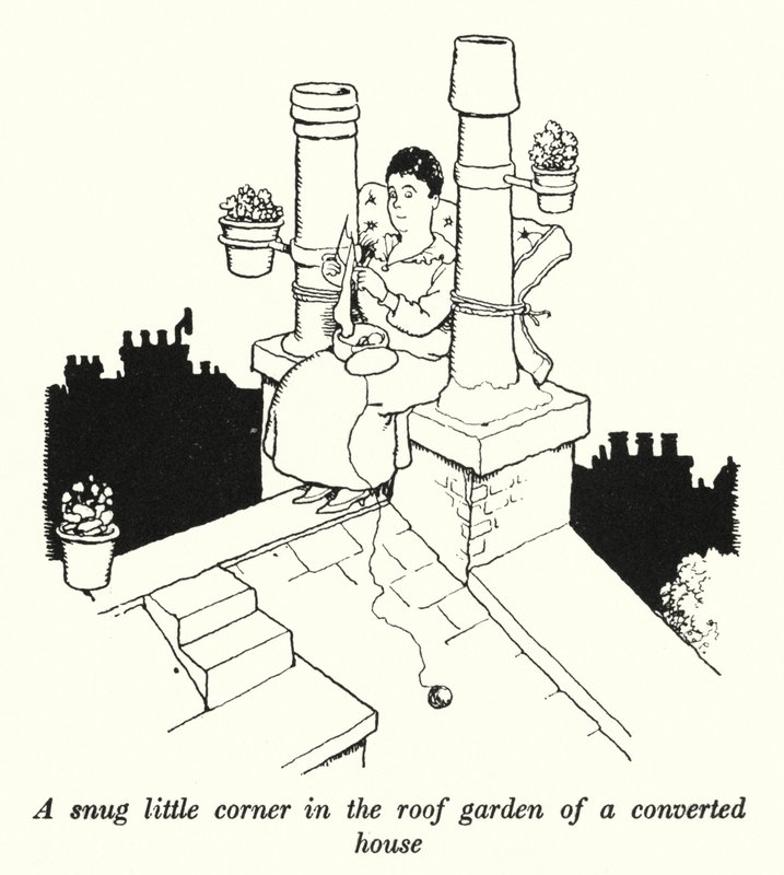 Ett mysigt litet hörn i takträdgården i ett ombyggt hus (litho) av William Heath Robinson