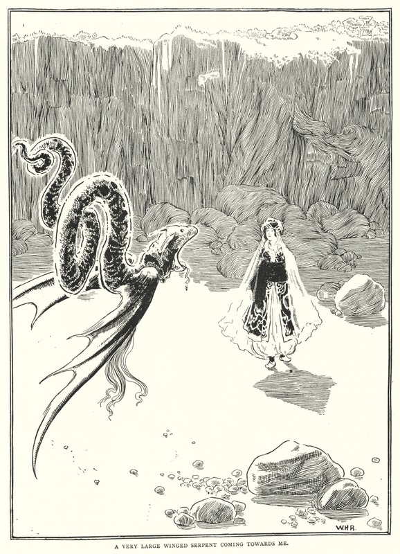 En mycket stor bevingad orm kommer mot mig (gravyr) av William Heath Robinson