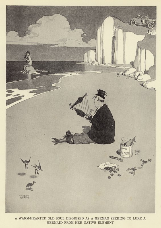 En varmhjärtad gammal själ förklädd till en sjöman som försöker locka en sjöjungfru från sitt hemland av William Heath Robinson