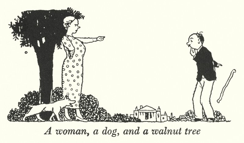 En kvinna, en hund och ett valnötsträd (litho) av William Heath Robinson