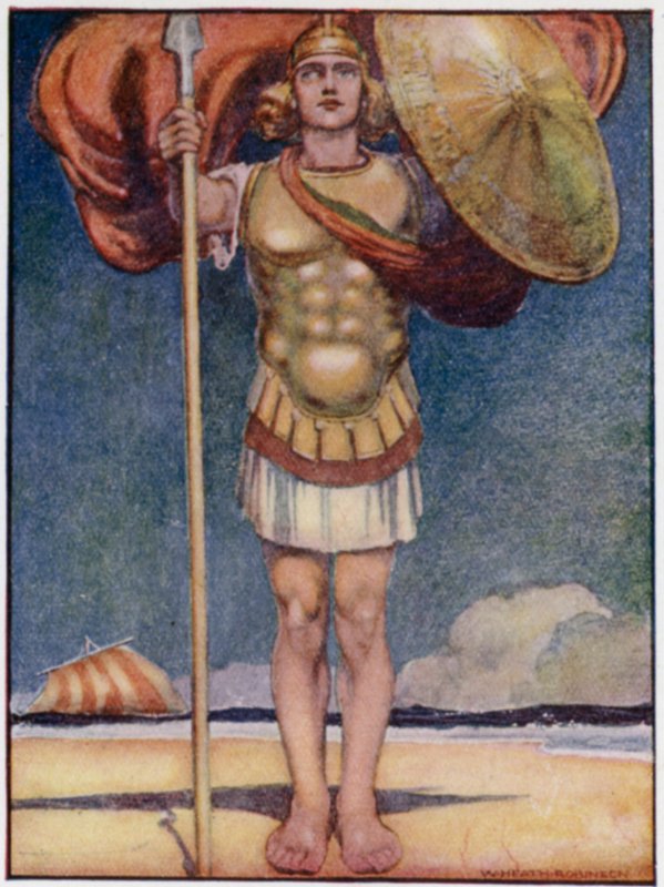 Akilles, den snabbaste av foten och den modigaste av alla grekiska hjältar (färg litho) av William Heath Robinson