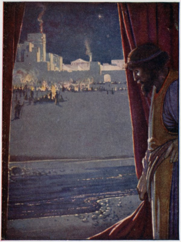 Agamemnon hörde ljudet av pipa och flöjt och mäns skratt när trojanerna festade och gjorde glada (colour litho) av William Heath Robinson