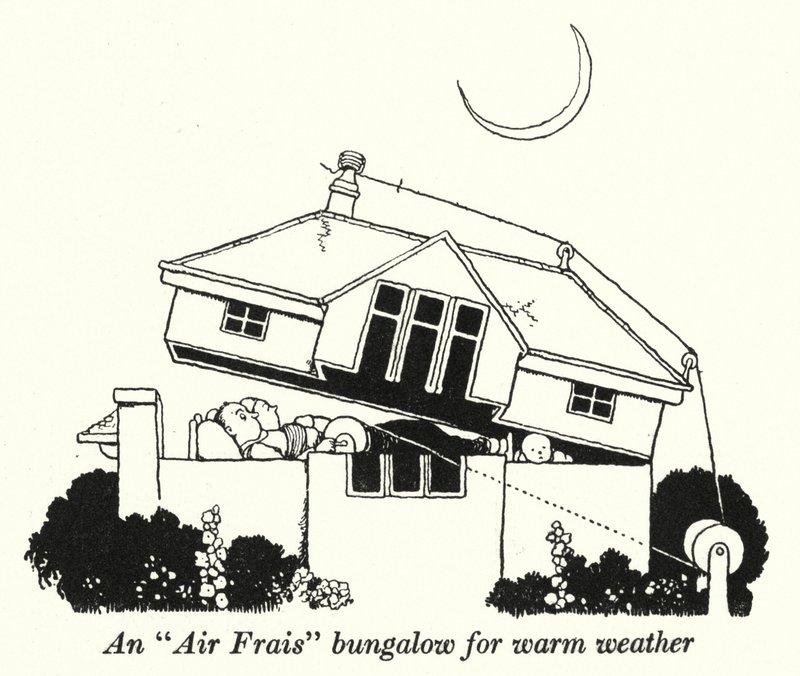En "Air Frais" bungalow för varmt väder (litho) av William Heath Robinson