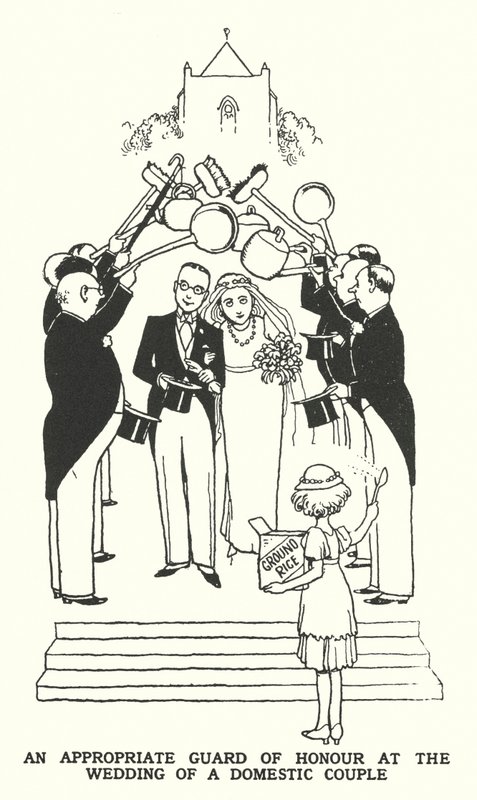 En lämplig hedersvakt vid ett inhemskt pars bröllop (litho) av William Heath Robinson