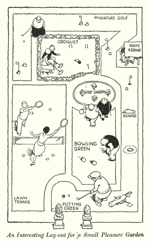 En intressant layout för en liten nöjesträdgård (litho) av William Heath Robinson