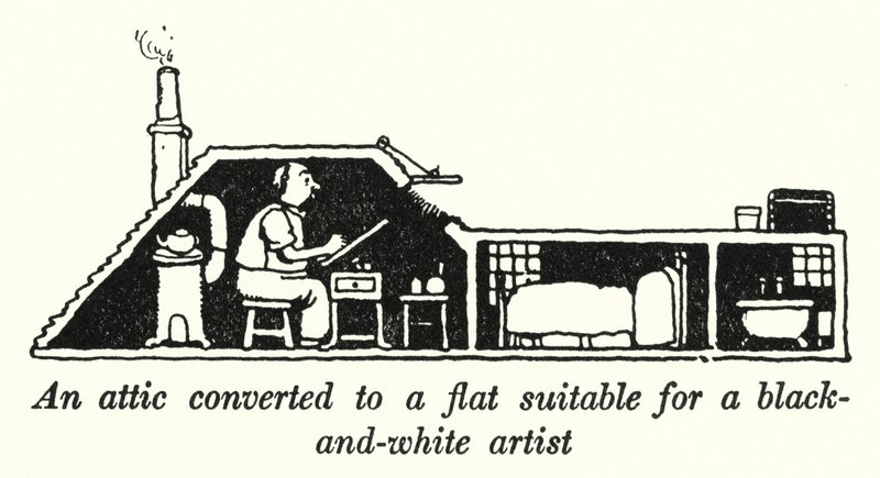 En vind omvandlad till en lägenhet lämplig för en svart-vit konstnär (litho) av William Heath Robinson