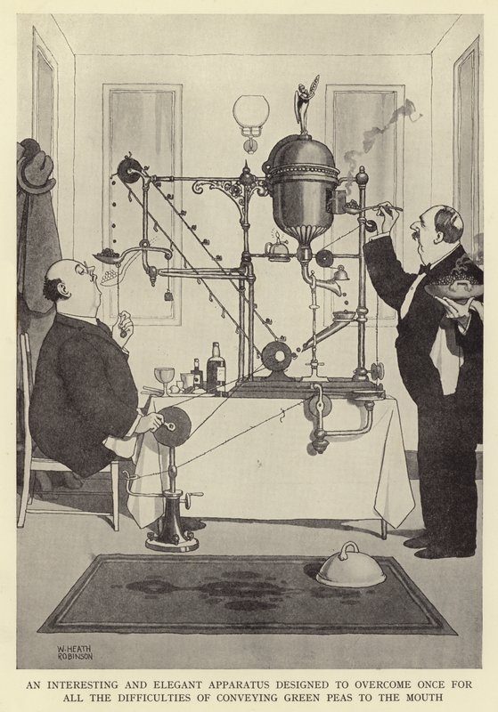 En intressant och elegant apparat utformad för att en gång för alla övervinna svårigheterna med att föra gröna ärtor till munnen av William Heath Robinson