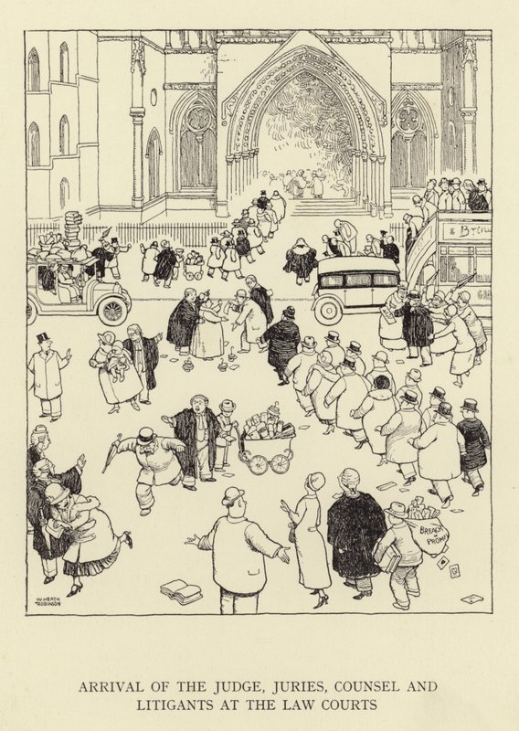 Domarens, juryernas, advokaternas och målsägandenas ankomst till domstolarna av William Heath Robinson